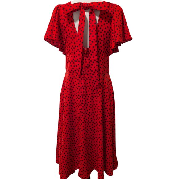 Unique Vintage Womens Size L/10-12 Red Black Polka Dot Bow Tie Midi Swing Dress - Picture 4 of 11